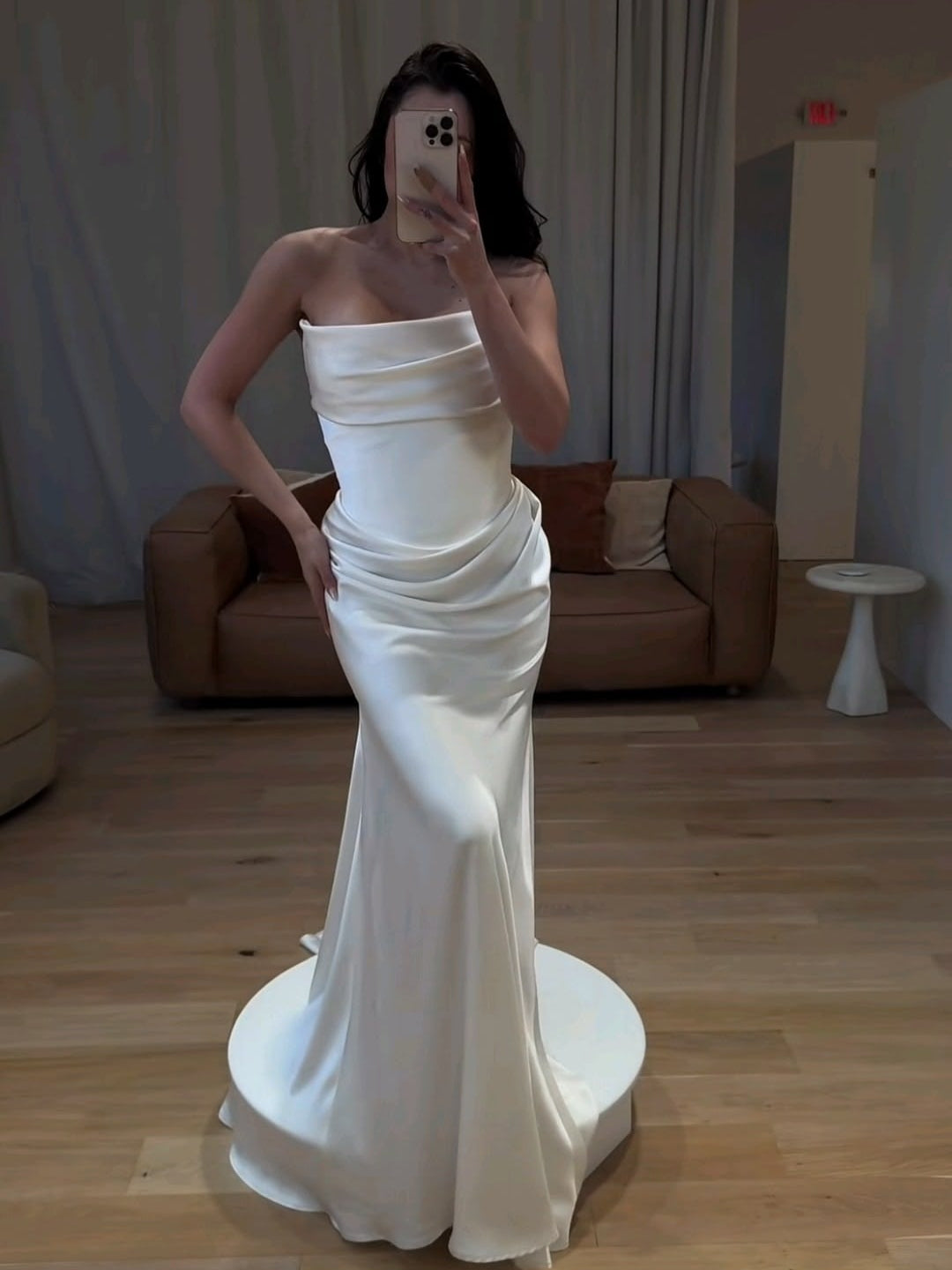 Modern Strapless Draped Satin Mermaid Wedding Dress - VelvetHem