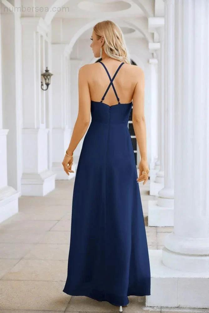 Ladies Chiffon Spaghetti Strap V Neck Front Slit Floor Length Bridesmaid Evening Dress Prom Party Wedding Evening Dress 28116 (ZD17012)