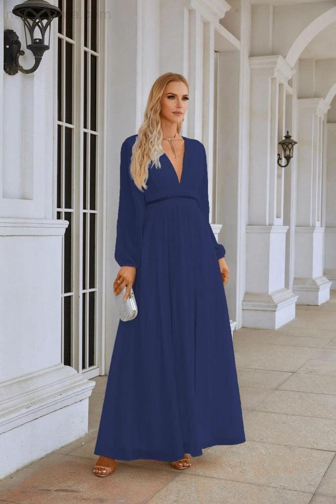 Ladies V Neck Chiffon Long Sleeve Front Slit Bridesmaid Evening Dress Wedding Party Shopping Evening Dress 28109 (ZD16991)