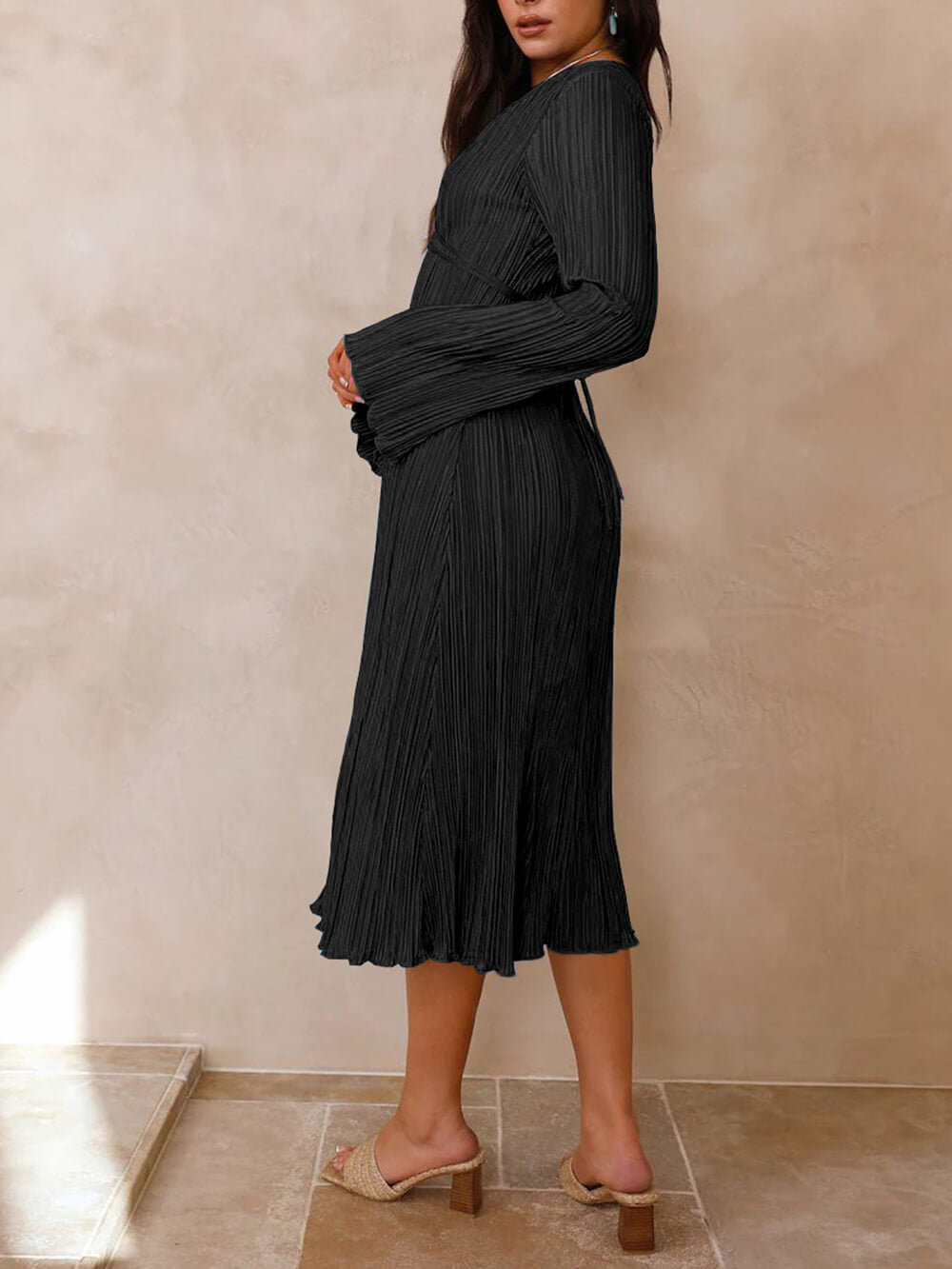 Mountain Vistas Draped Pleated Bell Sleeve Midi Dress