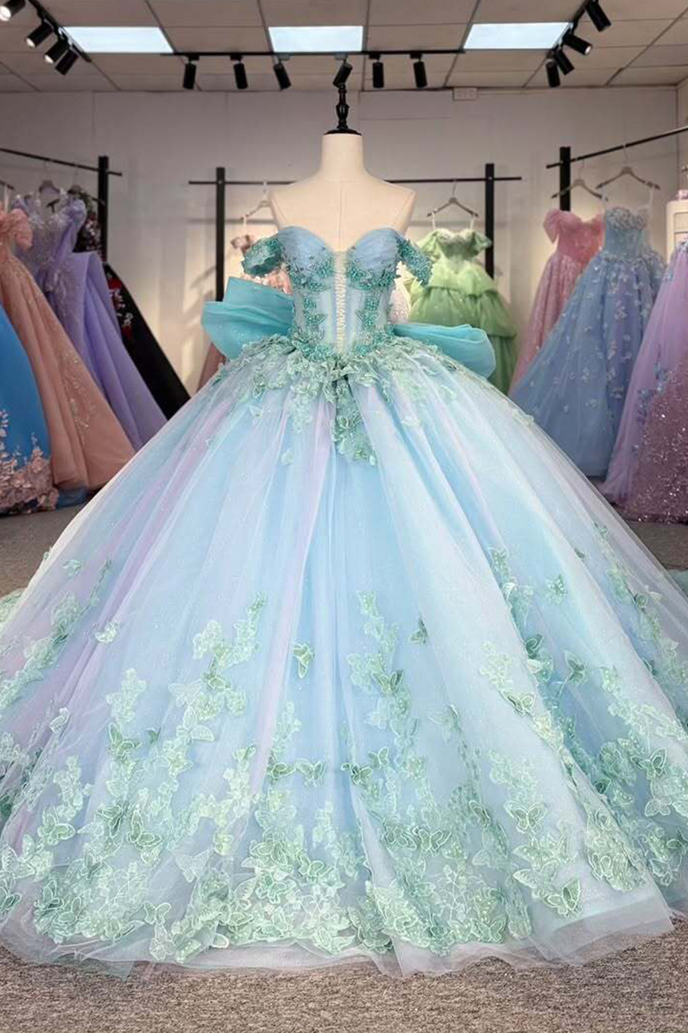 Charming A Line Off the Shoulder Light Blue Quinceanera Dress with Appliques Bowknot - VelvetHem