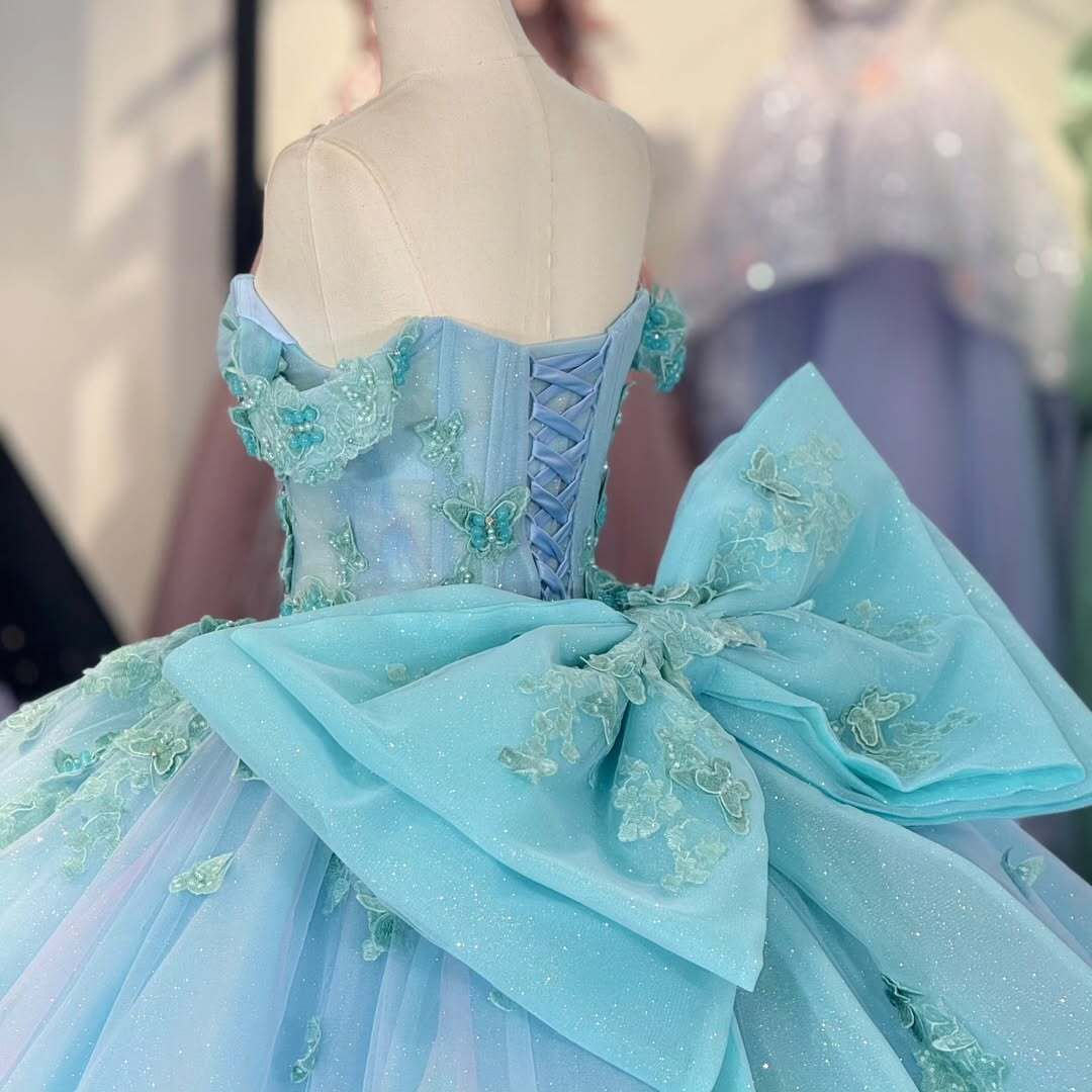 Charming A Line Off the Shoulder Light Blue Quinceanera Dress with Appliques Bowknot - View 2 | VelvetHem