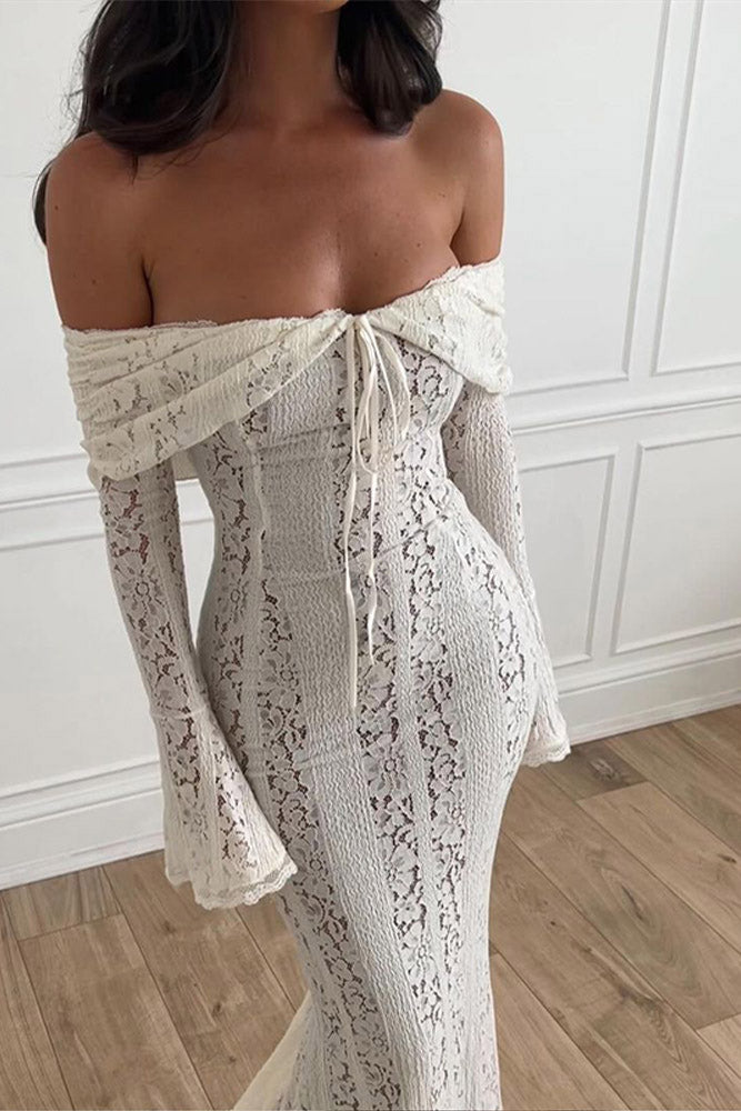 Matilde Statement Lace Wide Flared Sleeve Off Shoulder Dress Boutique Collection