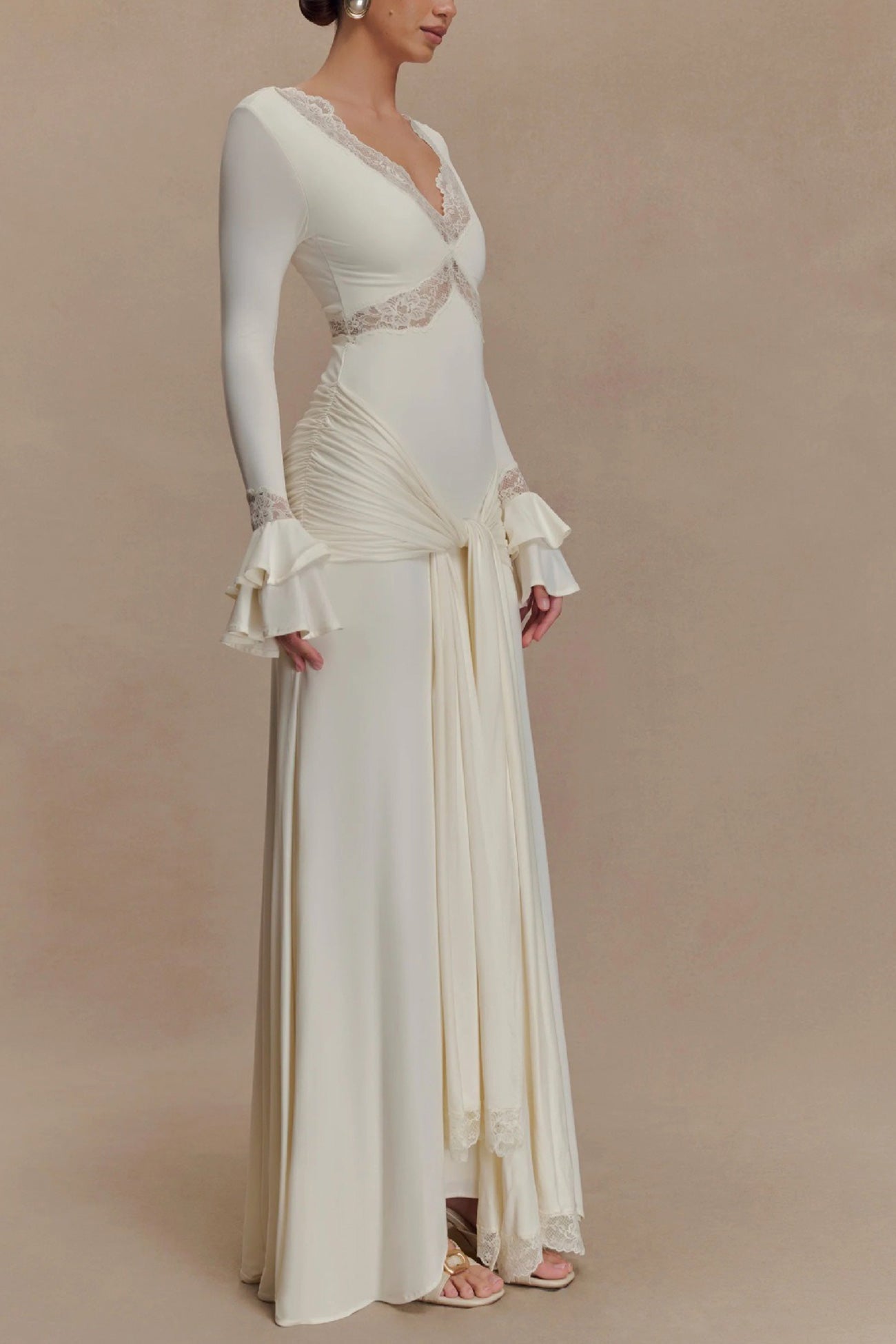 Lace Patchwork Flare Sleeve Tie up Maxi Dress