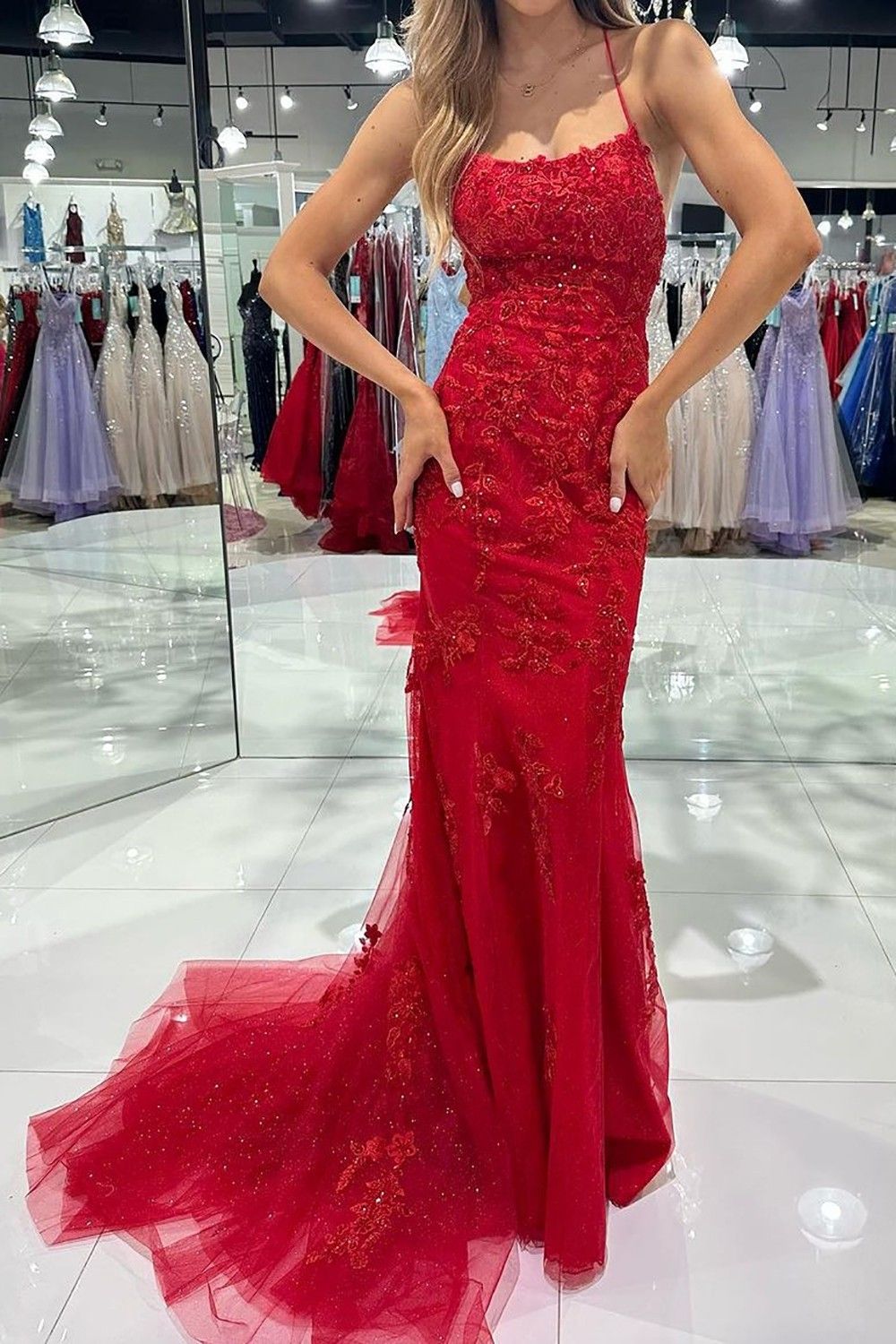 Hot Mermaid Spaghetti Straps Red Long Prom Dress with Criss Cross Back - View 3 | VelvetHem