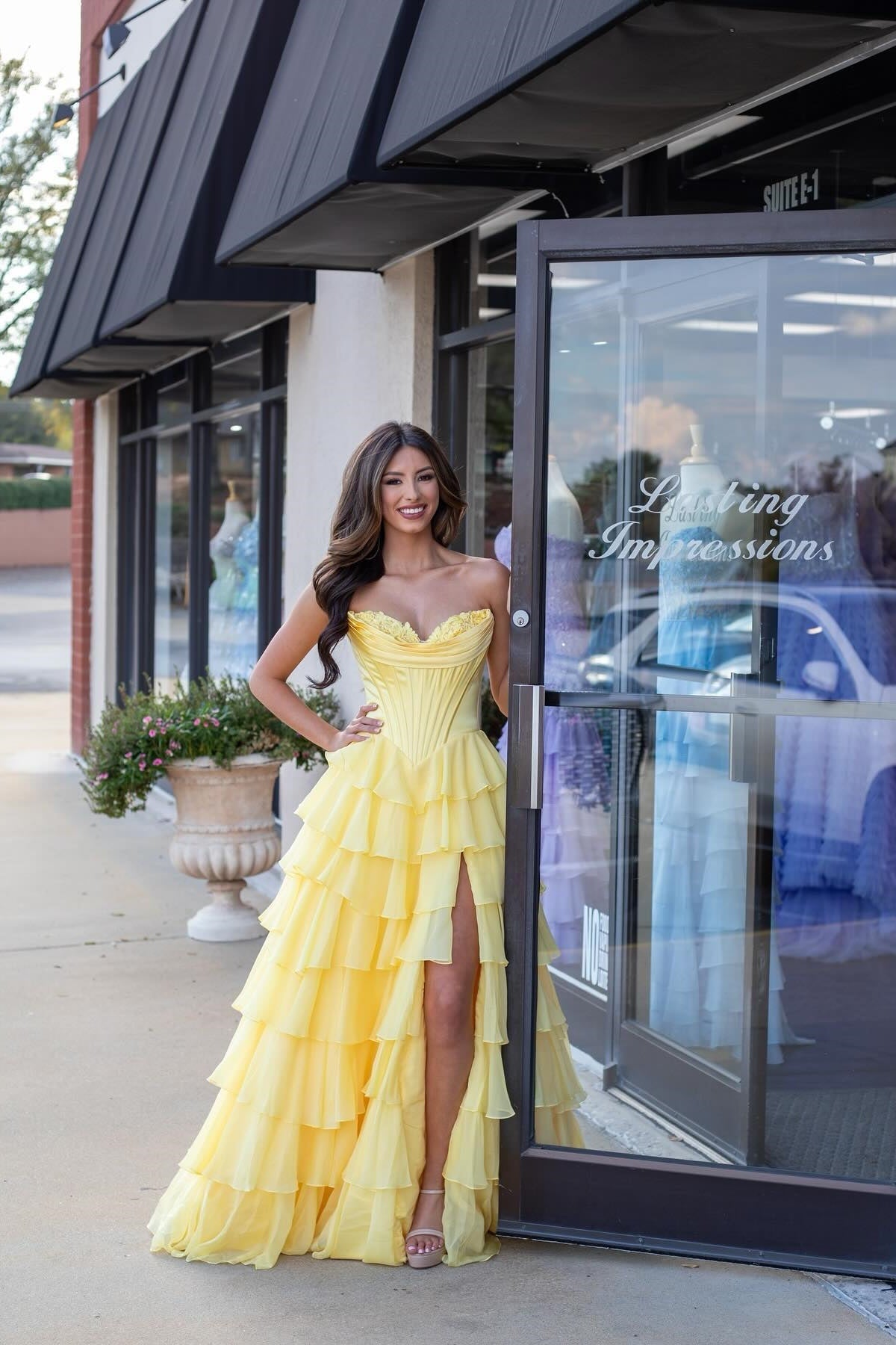 Lovely Yellow A-Line Sweetheart Long Tiered Prom Dress with Slit - View 11 | VelvetHem
