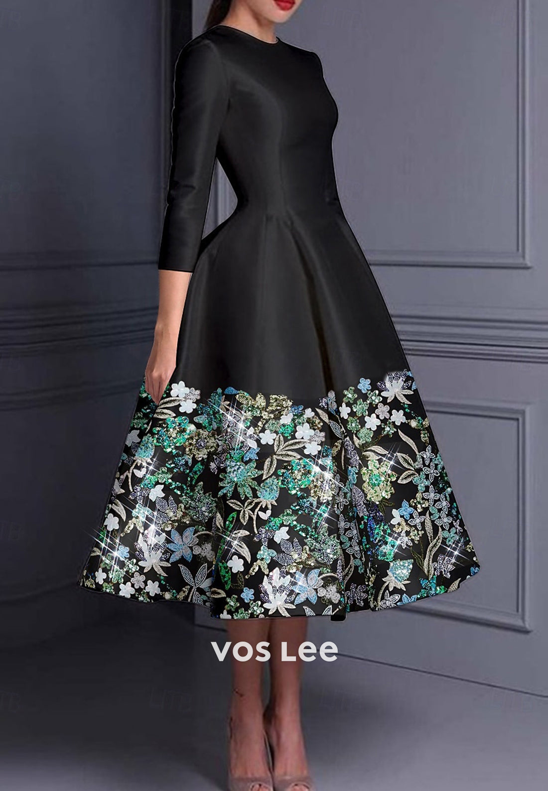 Couture & Ornate A-Line Scoop 3/4 Sleeve Appliques Pleated Evening Dresses