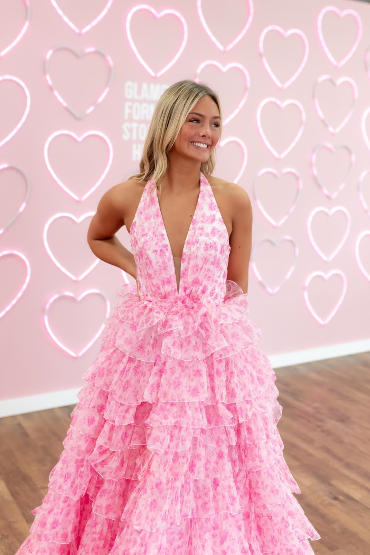 Charming A Line Halter Neck Pink Printed Long Prom Dress with Open Back