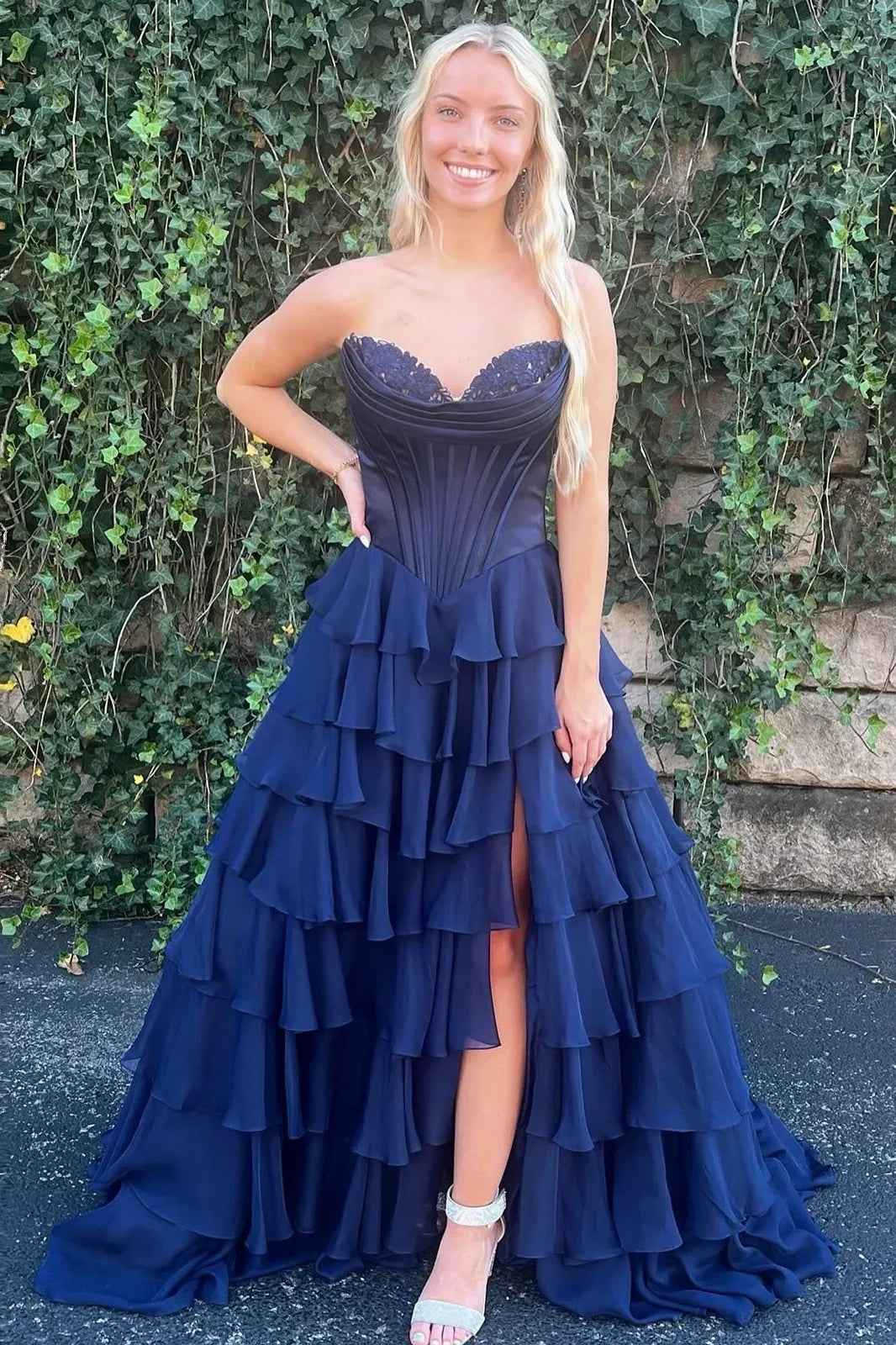 Stunning A-Line Sweetheart Satin Top Long Tiered Chiffon Prom Dress with Slit