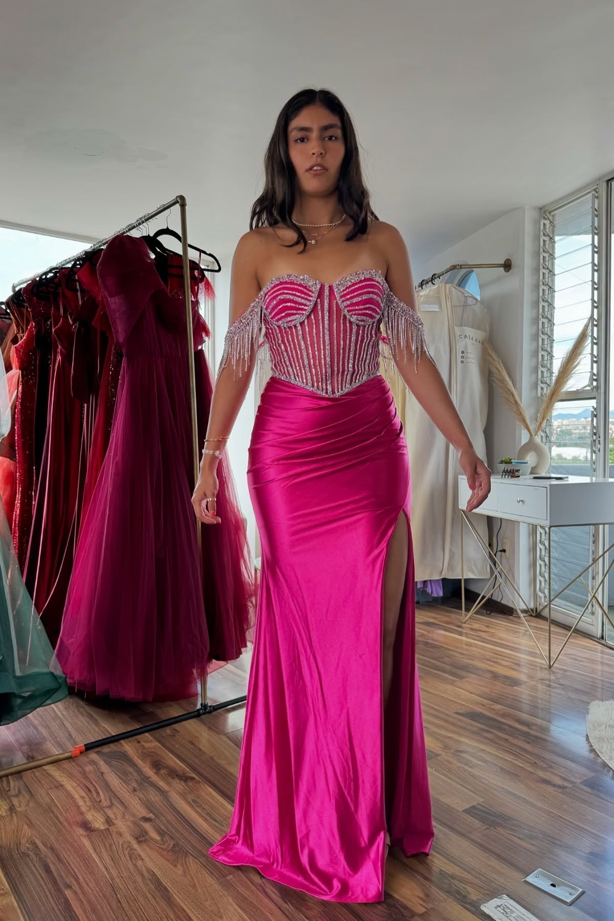 Beautiful Mermaid Off the Shoulder Fuchsia Long Party Dress with Beading - View 3 | VelvetHem