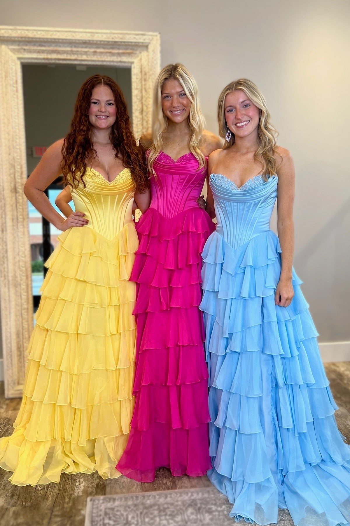 Stunning A-Line Sweetheart Satin Top Long Tiered Chiffon Prom Dress with Slit