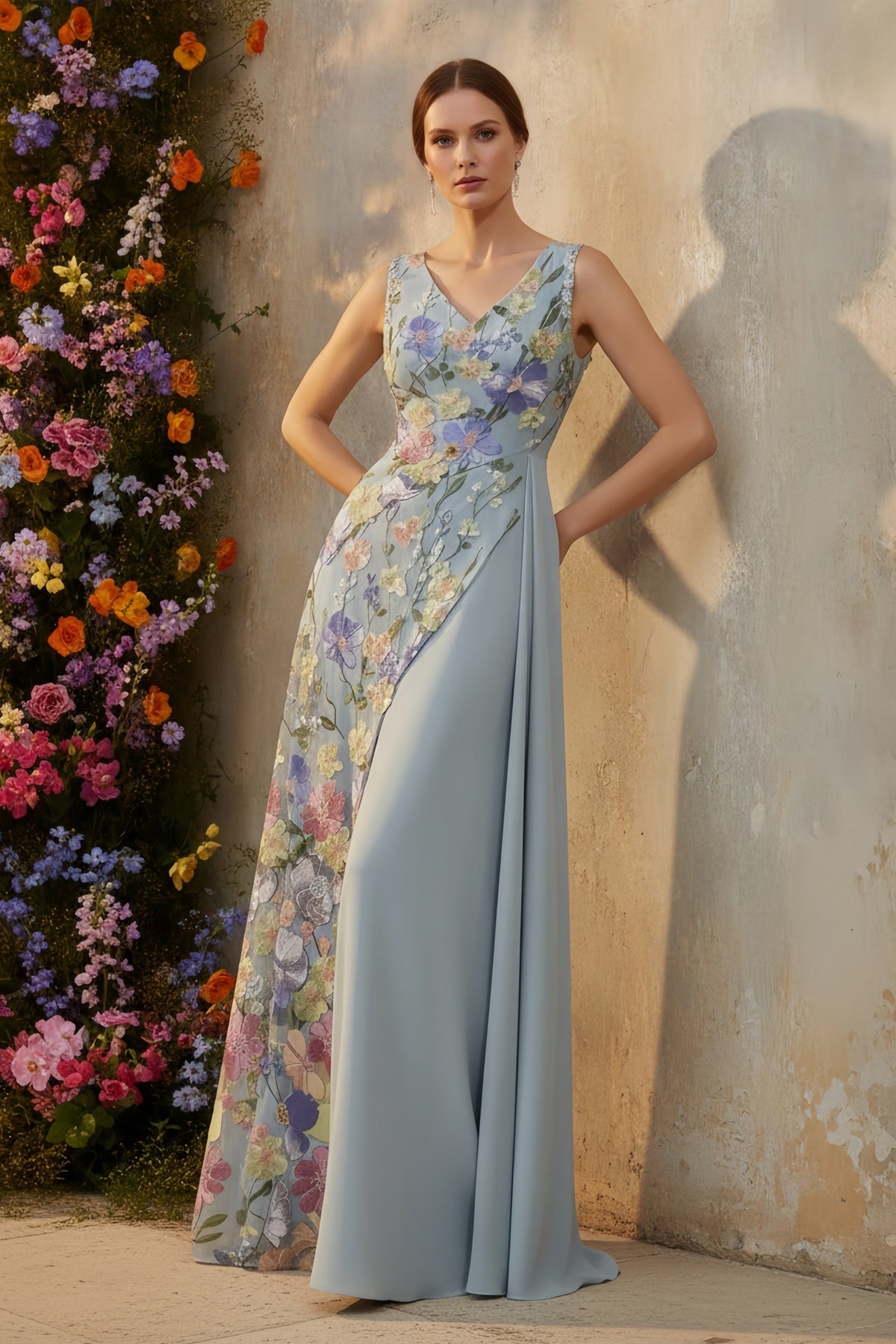 Floral Embroidered Asymmetrical Evening Gown with V-Neckline - VelvetHem