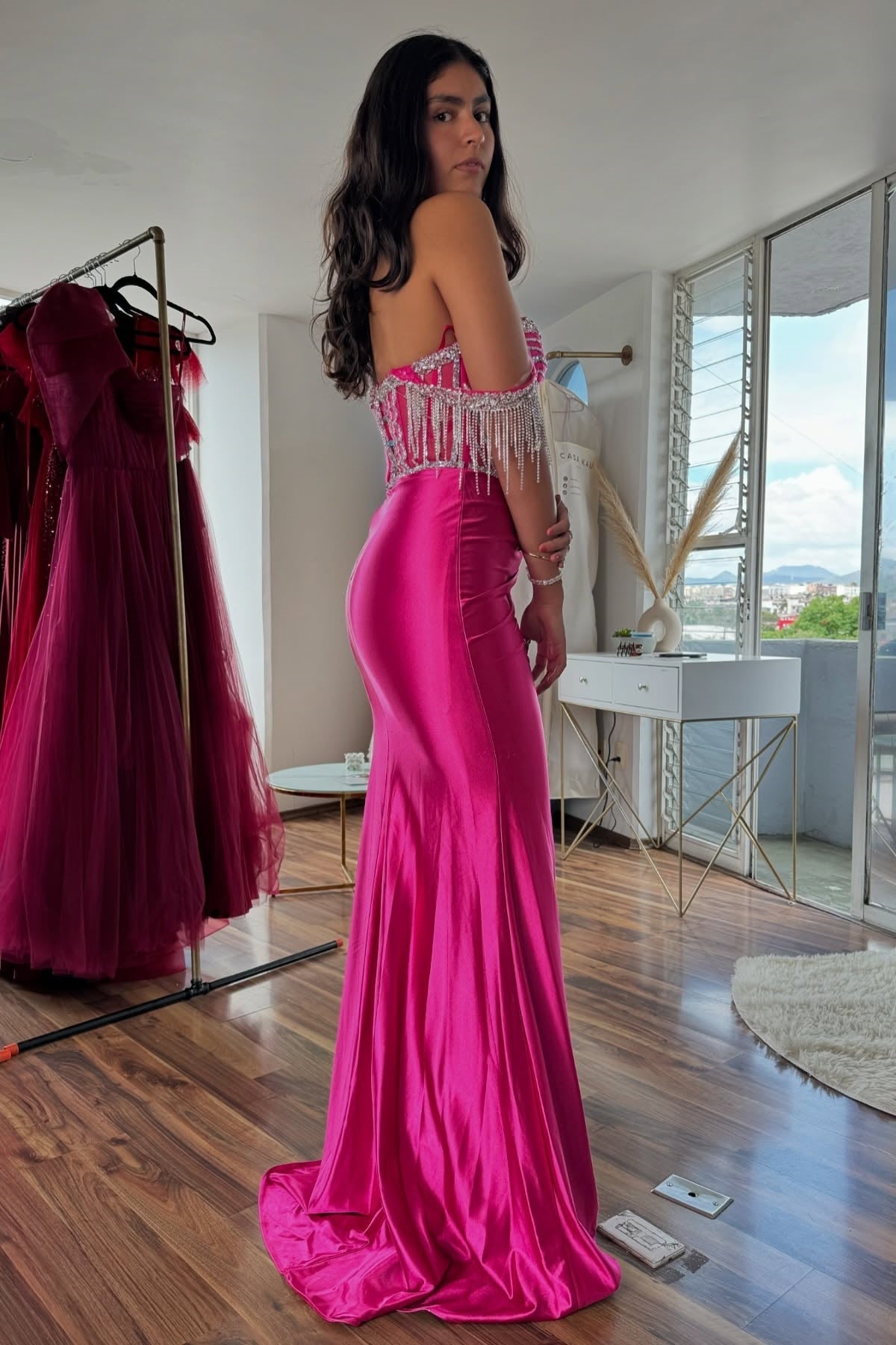Beautiful Mermaid Off the Shoulder Fuchsia Long Party Dress with Beading - View 2 | VelvetHem