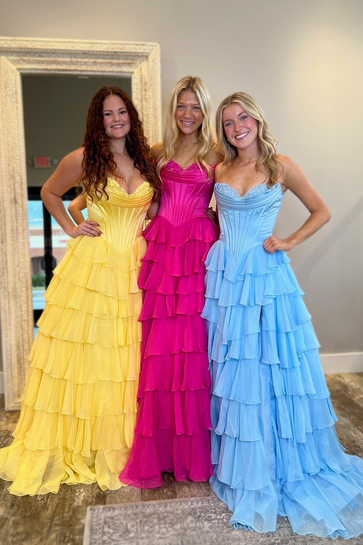 Stunning A-Line Sweetheart Satin Top Long Tiered Chiffon Prom Dress with Slit