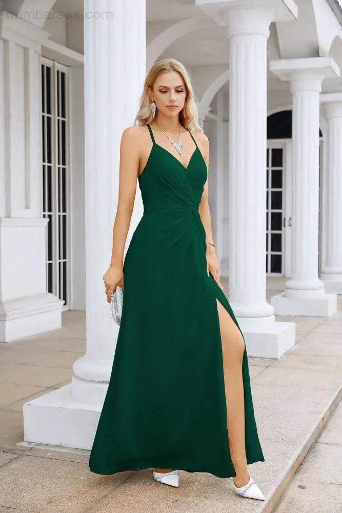 Ladies Chiffon Spaghetti Strap V Neck Front Slit Floor Length Bridesmaid Evening Dress Prom Party Wedding Evening Dress 28116 (ZD17012)
