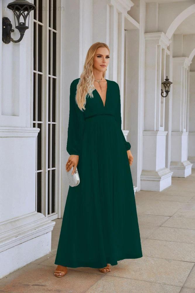 Ladies V Neck Chiffon Long Sleeve Front Slit Bridesmaid Evening Dress Wedding Party Shopping Evening Dress 28109 (ZD16991)