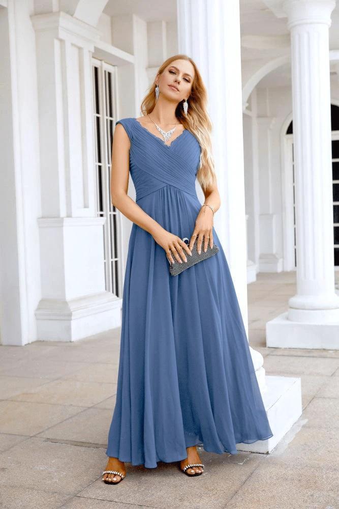 Ladies Chiffon V Neck Sleeveless Floor Length Bridesmaid Evening Dress Wedding Party Evening Dress 28126 by numbersea