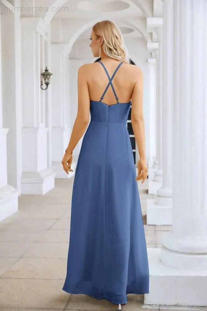 Ladies Chiffon Spaghetti Strap V Neck Front Slit Floor Length Bridesmaid Evening Dress Prom Party Wedding Evening Dress 28116 (ZD17012)