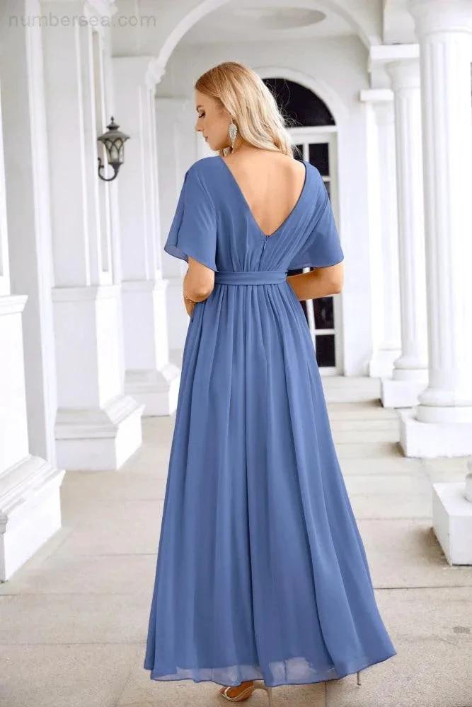 Ladies Chiffon Sleeve Crew Neck Front Slit Floor Length Bridesmaid Evening Dress Wedding Party Evening Dress 28124 (ZD17007)