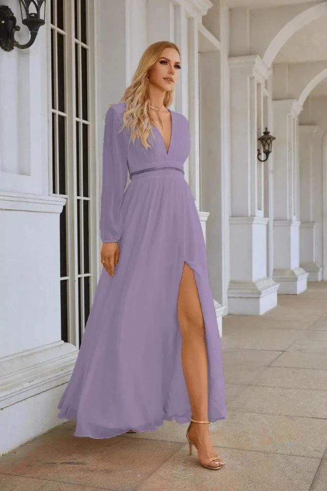 Ladies V Neck Chiffon Long Sleeve Front Slit Bridesmaid Evening Dress Wedding Party Shopping Evening Dress 28109 by numbersea