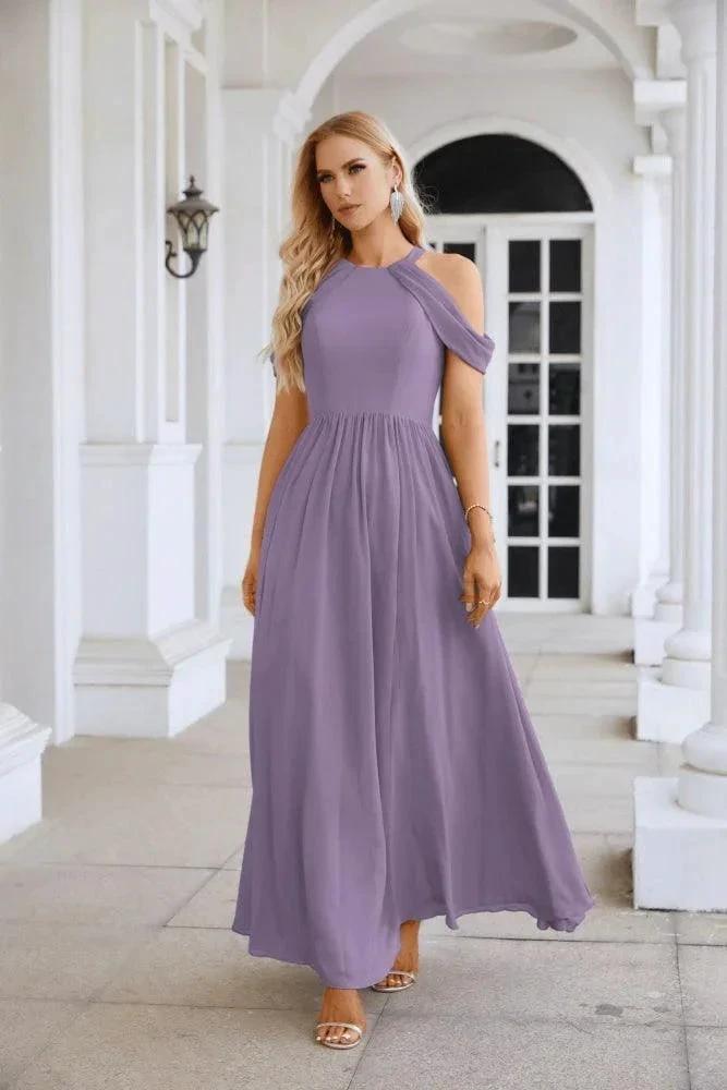 Ladies Chiffon Off Shoulder Swing Sleeve Front Slit Bridesmaid Evening Dress Wedding Party Evening Dress 28117 by numbersea