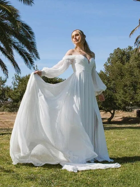 High Slit Off-the-Shoulder Puff Long Sleeve Chiffon A-Line Wedding Dress