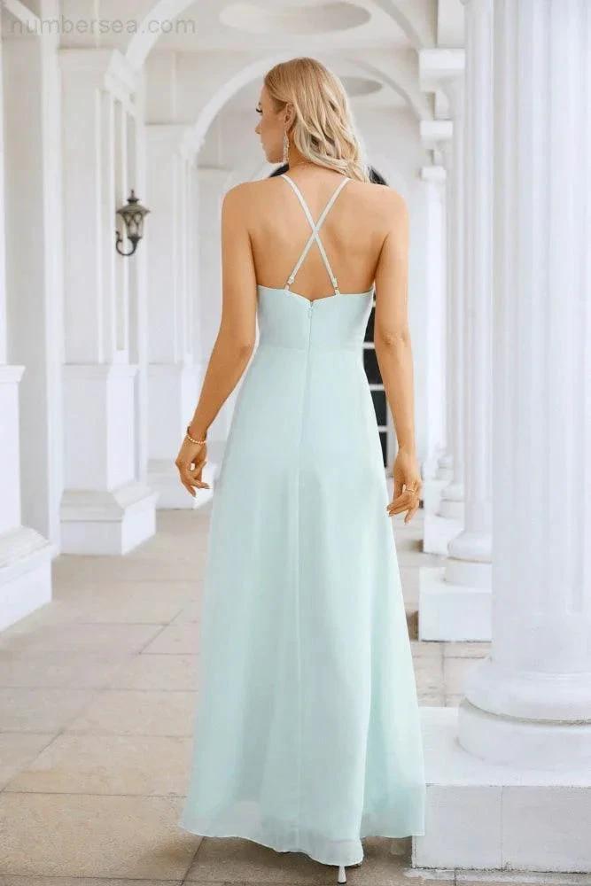 Ladies Chiffon Spaghetti Strap V Neck Front Slit Floor Length Bridesmaid Evening Dress Prom Party Wedding Evening Dress 28116 (ZD17012)
