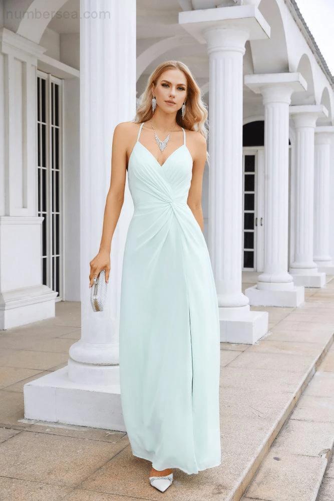 Ladies Chiffon Spaghetti Strap V Neck Front Slit Floor Length Bridesmaid Evening Dress Prom Party Wedding Evening Dress 28116 (ZD17012)