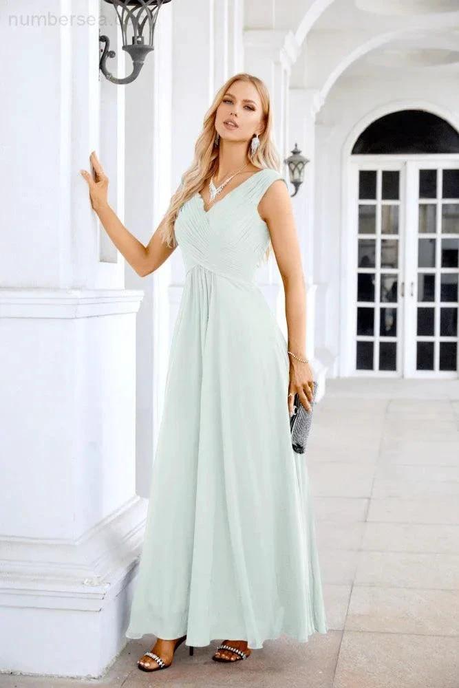 Ladies Chiffon V Neck Sleeveless Floor Length Bridesmaid Evening Dress Wedding Party Evening Dress 28126 (ZD16989)