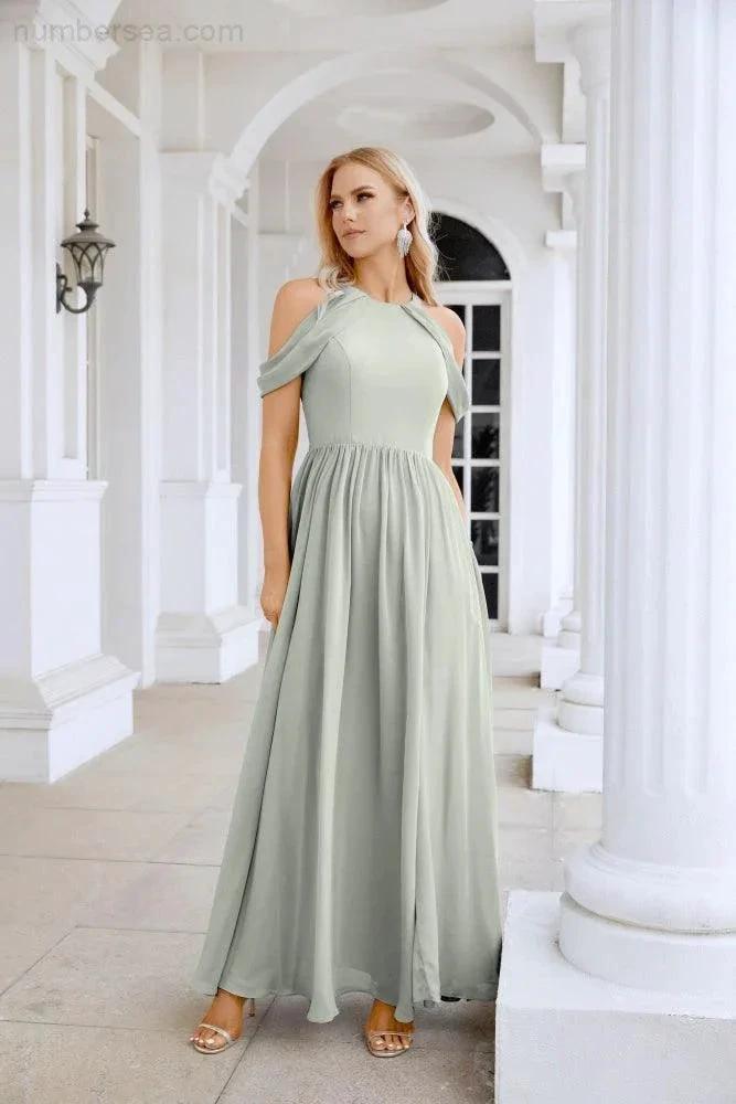 Ladies Chiffon Off Shoulder Swing Sleeve Front Slit Bridesmaid Evening Dress Wedding Party Evening Dress 28117 (ZD17011)