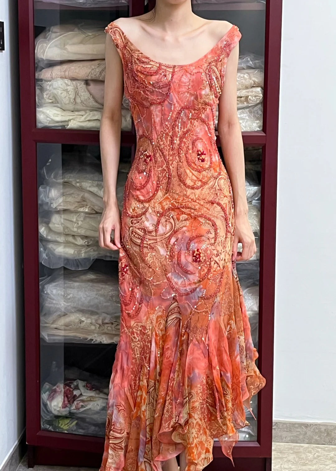 Retro Sparkling Orange-Red Mermaid Ruffled Beaded Chiffon Long Prom Dress Evening Dress - VelvetHem