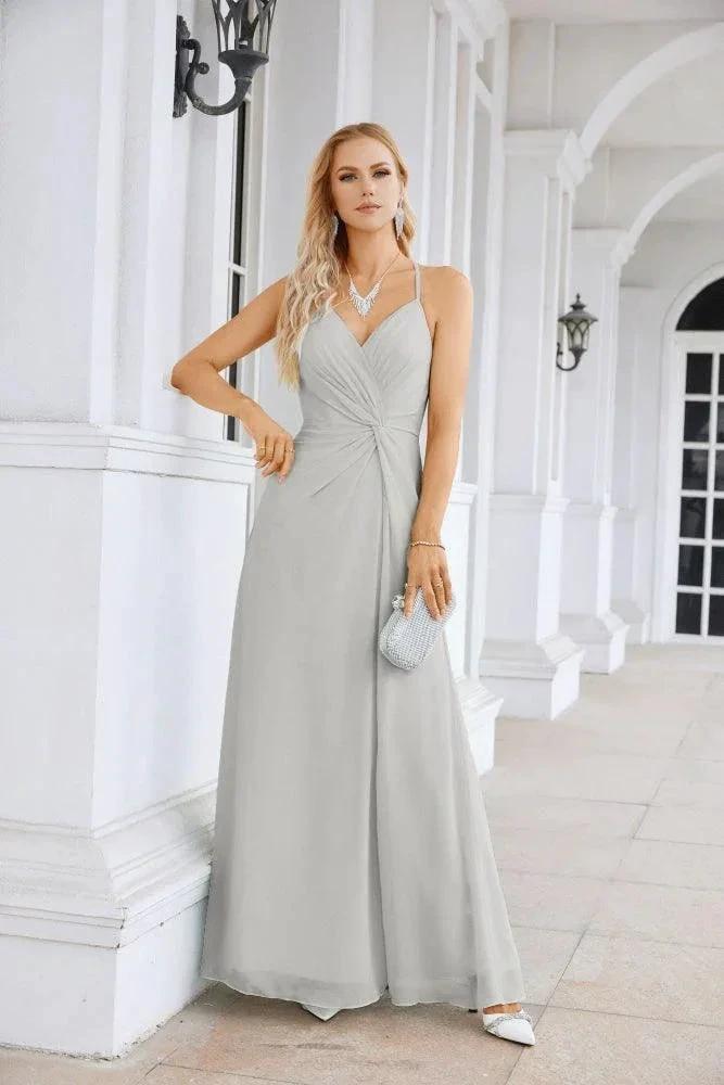 Ladies Chiffon Spaghetti Strap V Neck Front Slit Floor Length Bridesmaid Evening Dress Prom Party Wedding Evening Dress 28116 by numbersea