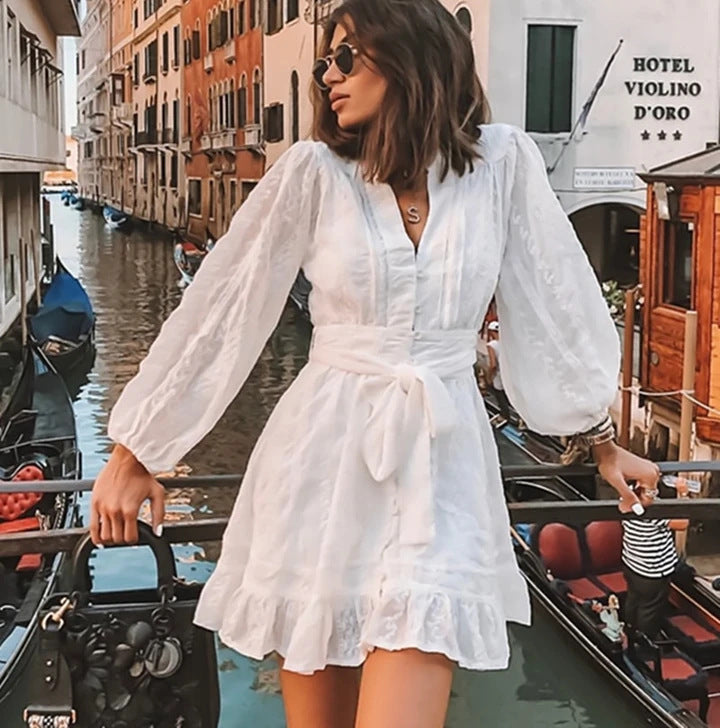 Trella Button Down Lace Babydoll Dress Cream