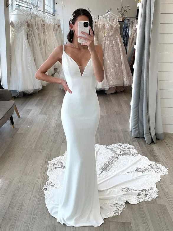 Spaghetti Strap V-Neck Satin Mermaid Wedding Dress Cowl Low Back With Lace Hem Train - VelvetHem