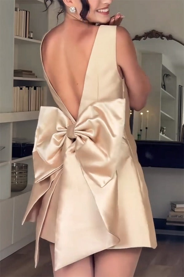 Daisy Premium Satin Mini Dress with Oversized Bow Detail and Square Neckline Wardrobe Essential