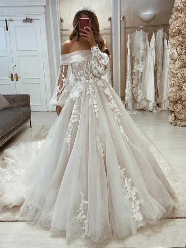 Off-the-Shoulder Puff Long Sleeve Dreamy Tulle Wedding Dress With Long Train - VelvetHem