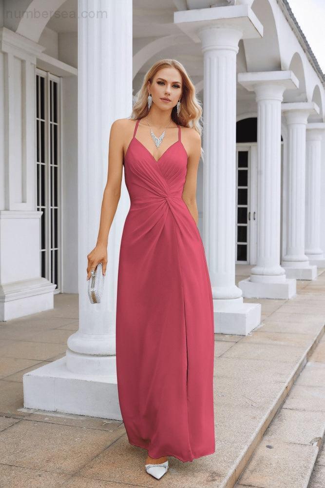 Ladies Chiffon Spaghetti Strap V Neck Front Slit Floor Length Bridesmaid Evening Dress Prom Party Wedding Evening Dress 28116 (ZD17012)