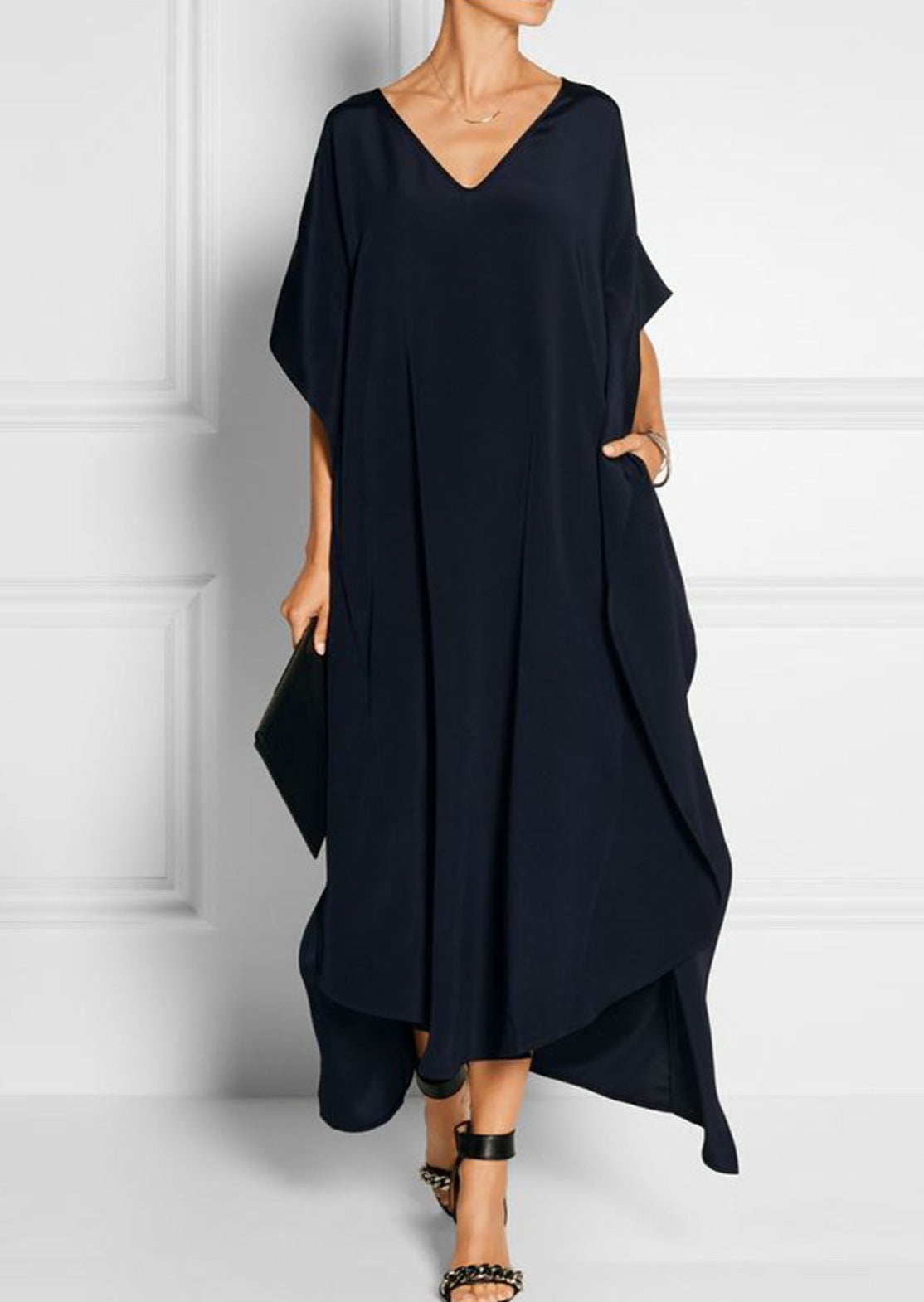 Summer Elegant Black V Neck Maxi Dress Short Sleeve - Omychic