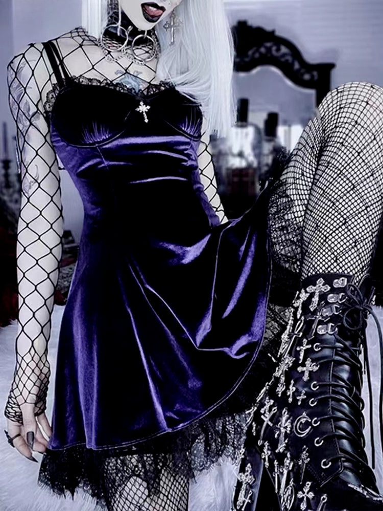 Velvet Gothic Black Vintage Spaghetti Strap High Waist Aesthetic Elegant Party Dress - VelvetHem