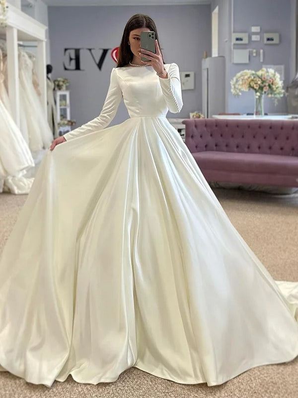 Long Sleeves Simple Clean Design Satin Ballgown Sweep Train Wedding Dress - VelvetHem