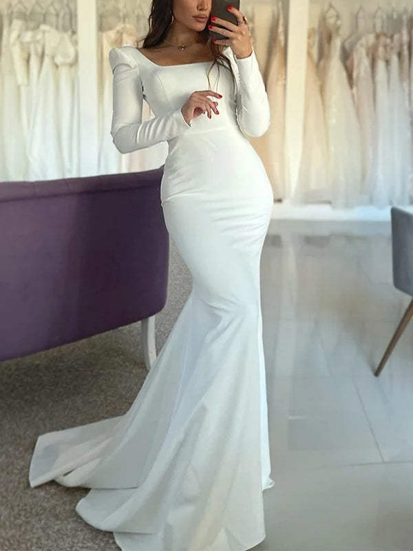 Open Back Square Neck Long Sleeve Satin Mermaid Wedding Dress - VelvetHem