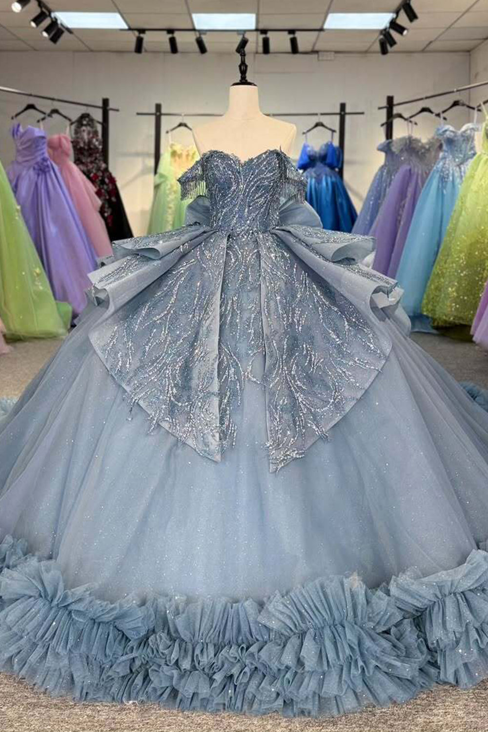 Beautiful A Line Off the Shoulder Grey Blue Ball Gown Quinceanera Dress with Beading Bowknot - VelvetHem