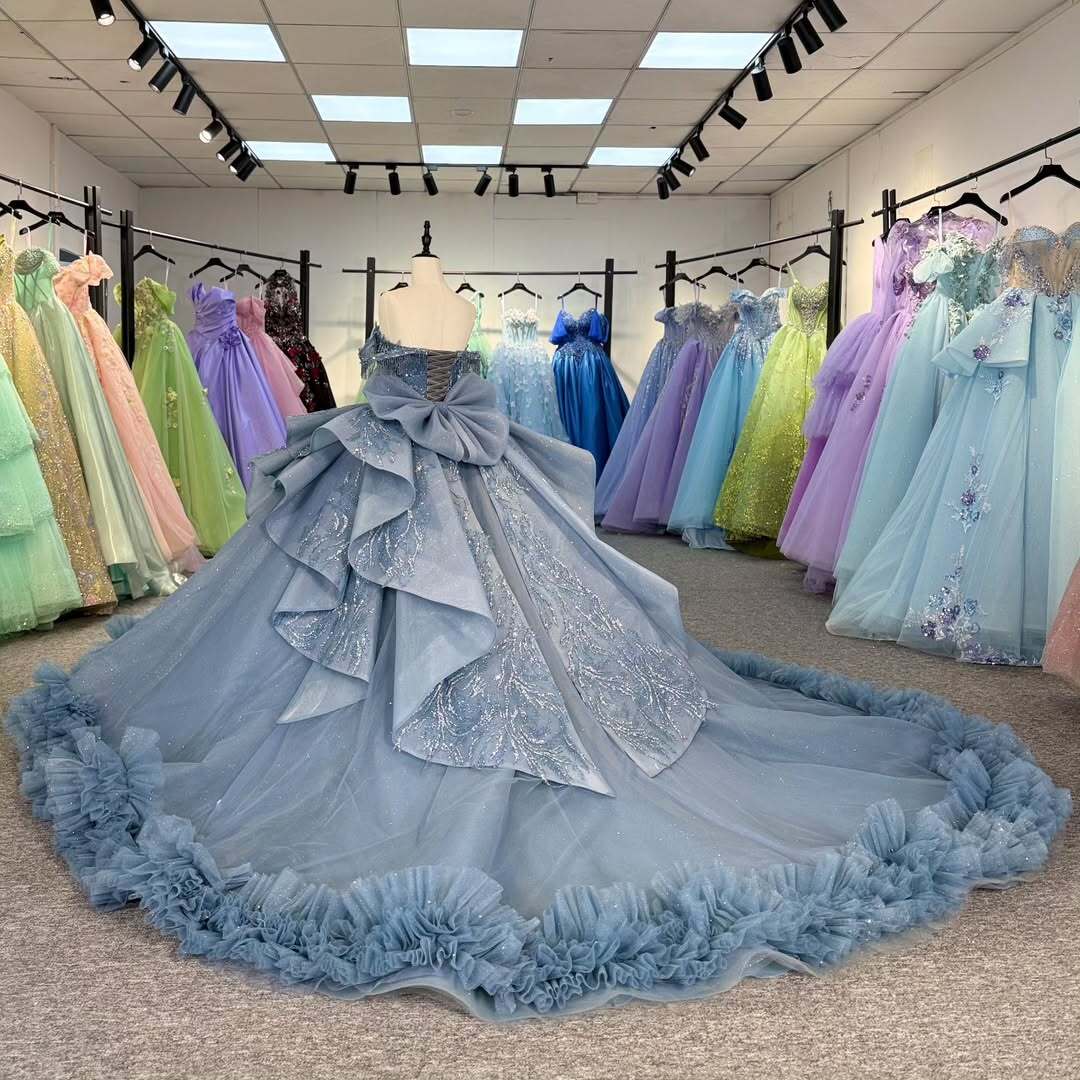 Beautiful A Line Off the Shoulder Grey Blue Ball Gown Quinceanera Dress with Beading Bowknot - View 2 | VelvetHem