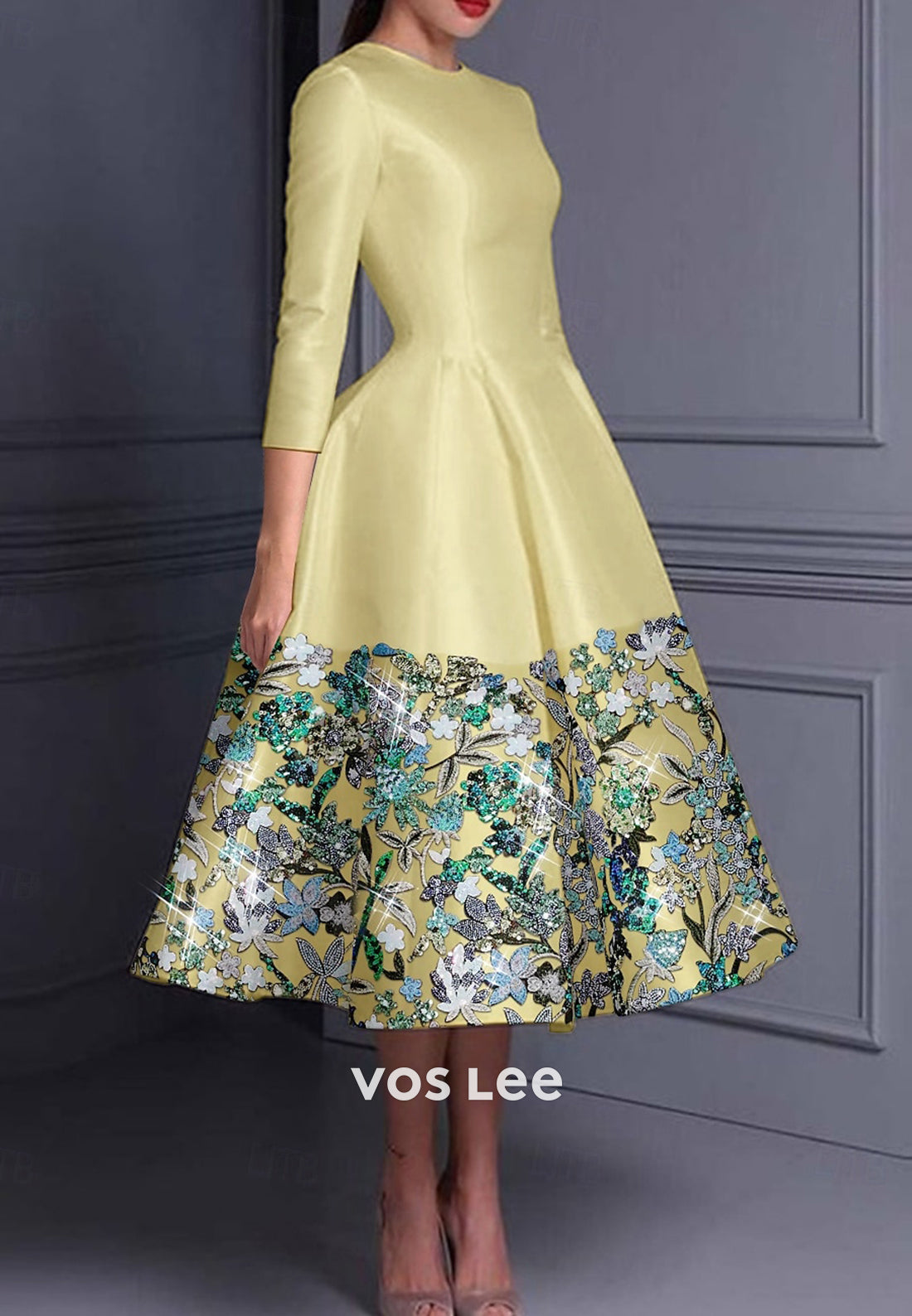 Couture & Ornate A-Line Scoop 3/4 Sleeve Appliques Pleated Evening Dresses