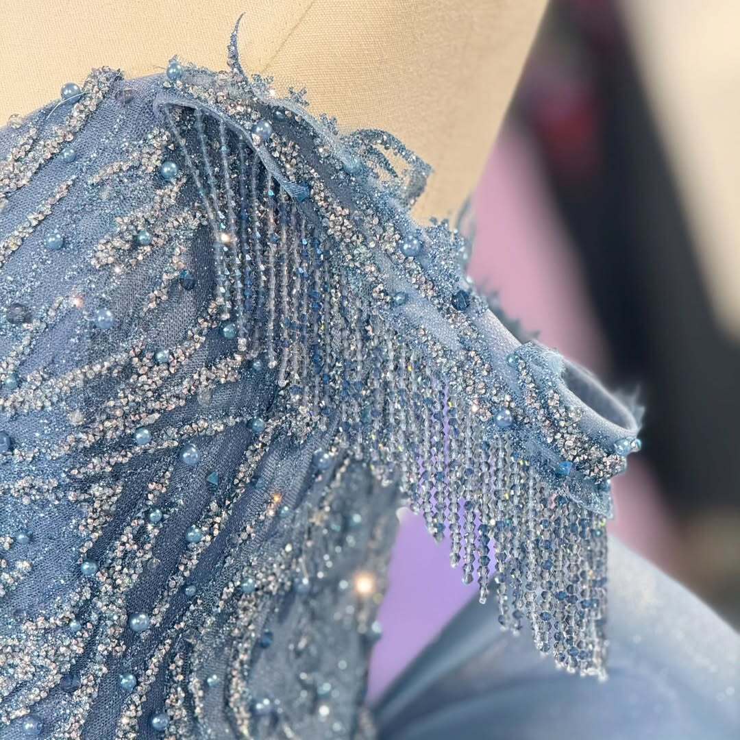 Beautiful A Line Off the Shoulder Grey Blue Ball Gown Quinceanera Dress with Beading Bowknot - View 5 | VelvetHem