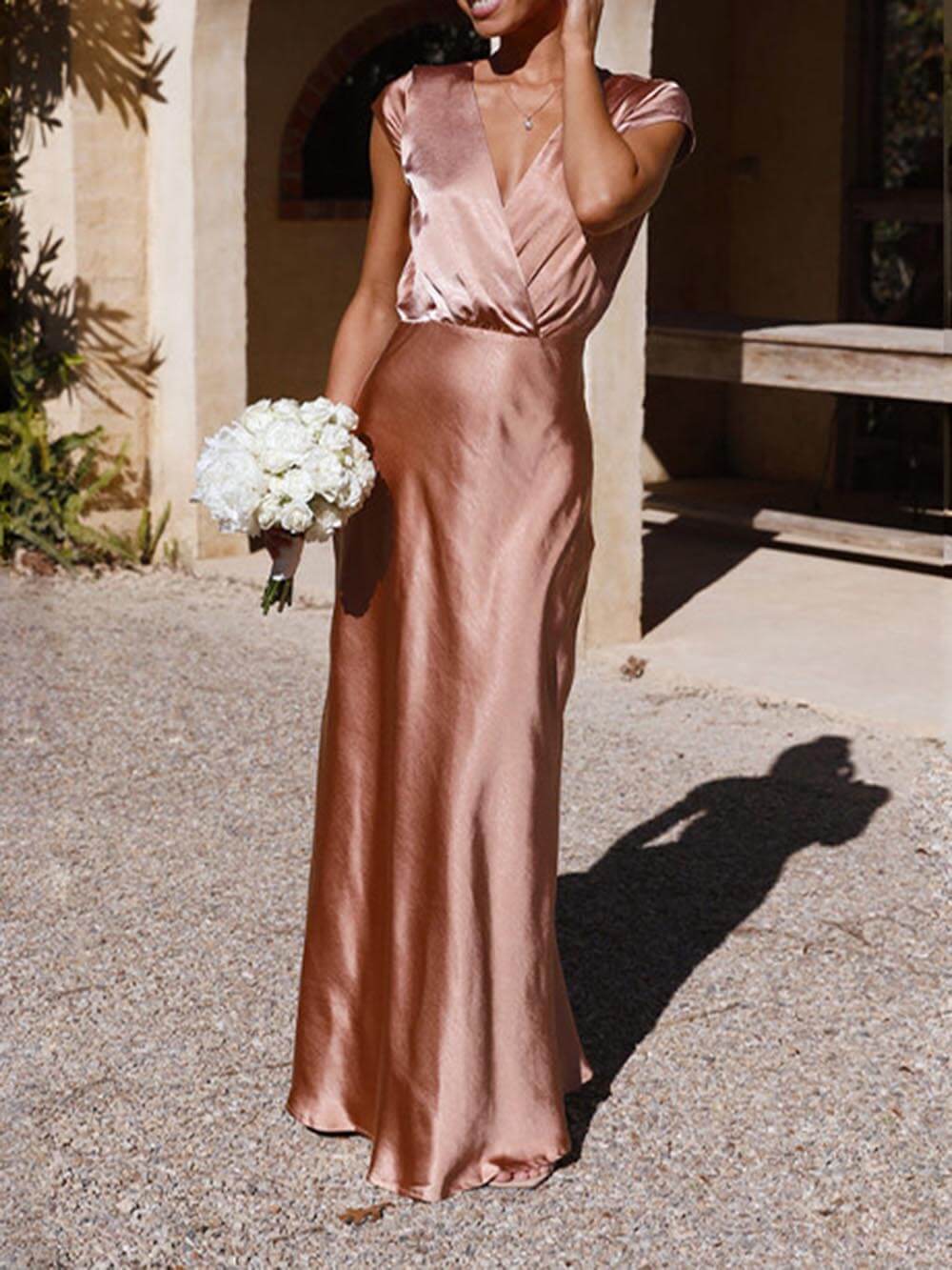 Spring Summer Satin Solid Color V - Neck Fishtail Party Dress