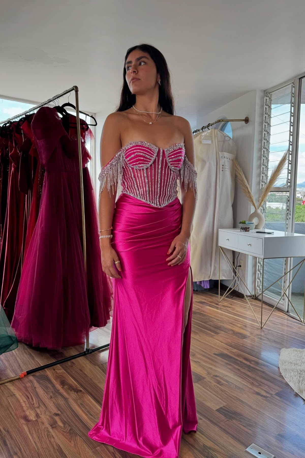 Beautiful Mermaid Off the Shoulder Fuchsia Long Party Dress with Beading - VelvetHem