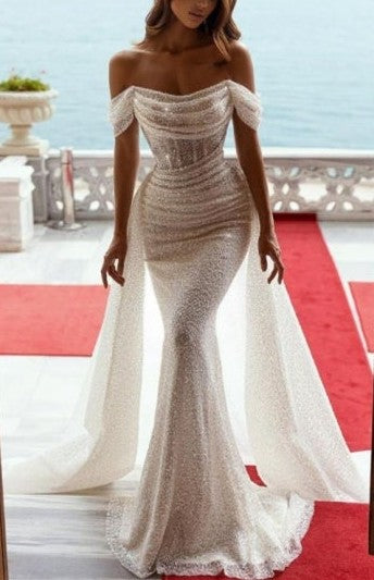 Off the Shoulder Sequins Mermaid Long Prom Dress - VelvetHem