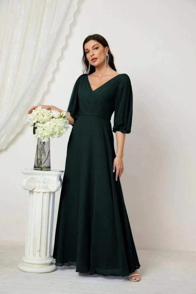 Numbersea Formal Prom Gown Women V-Neck Chiffon Bridesmaid Dresses Long Bishop Sleeve Party Dress 2807 by numbersea