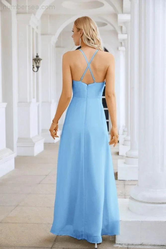 Ladies Chiffon Spaghetti Strap V Neck Front Slit Floor Length Bridesmaid Evening Dress Prom Party Wedding Evening Dress 28116 (ZD17012)